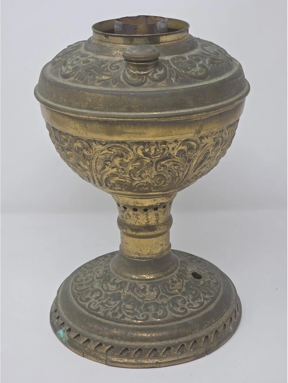 Ornate Metal Electric Lamp Base Embossed Floral Design With Missing Wiring